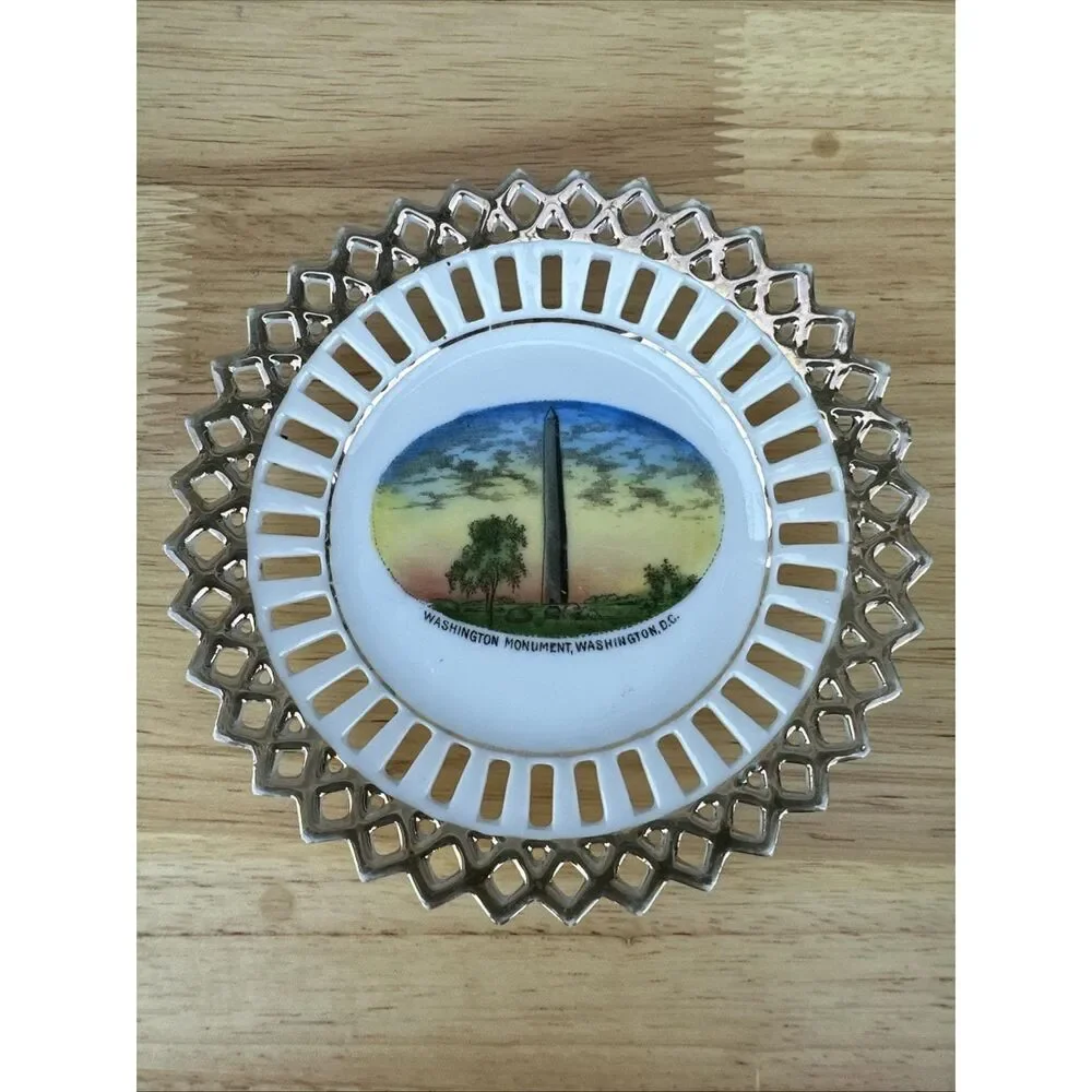 Vintage Washington Monument Plate – Reticulated Porcelain, Gold Trim, Made in Ge